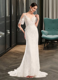 Lauretta Trumpet/Mermaid V-neck Chapel Train Wedding Dress With Beading Sequins STAP0013802