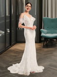 Lauretta Trumpet/Mermaid V-neck Chapel Train Wedding Dress With Beading Sequins STAP0013802