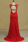 Red Straps Open Back Sheath Prom Dresses Spandex With Applique Open