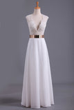 White V Neck Beaded Bodice Prom Dresses A Line Chiffon With Sash And