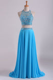 Two-Piece A Line Prom Dresses Beaded Bodice Open Back Chiffon &