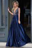 Glamorous A-Line Deep V-Neck Sweep Train Royal Blue Long Beading Prom Dresses