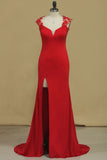 Red Straps Open Back Sheath Prom Dresses Spandex With Applique Open
